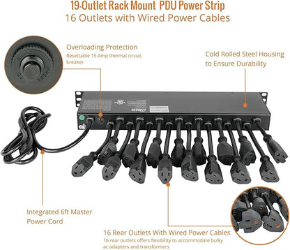 Tecmojo 1U Rack Mount 19 Outlet PDU Power Distribution Unit Power Strip Circuit Breaker fits 19-inch AV/Network/Server Cabinet/Closet/Enclosure