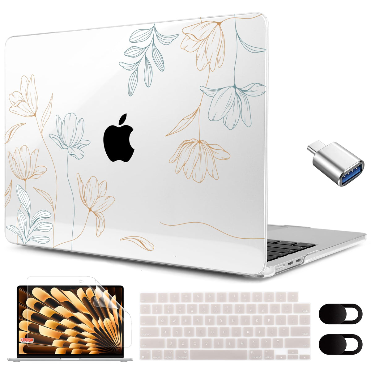 MEEgoodo for M5/M4/M3/M2 MacBook Air 15 inch Case 2026 2025 2024 2023, Case Fit Model (A3448/A3241/A3114/A2941) for MacBook Air 15.3 inch, Gold Flowers Lilies