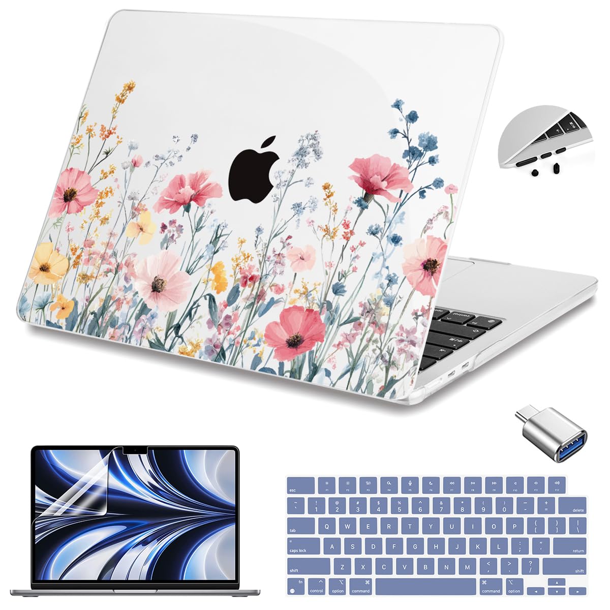 Teryeefi for MacBook Air 13.6 inch Case M5 A3449/M4 A3240/M3 A3113/M2 A2681 (Released 2026 2025 to 2022), Hard Shell + Keyboard Cover+ Screen Protector+Dust Plug + Type-C Adapter, Wild Flowers A010