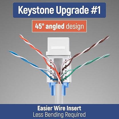 Everest 45° Angled RJ45 Cat5e Keystone Jacks 50-Pack in White - Slim Profile Female RJ45 Connectors - Cat 5e Keystone Jack - Compatible with 45° Angled Speed Termination Tool - 45Term (B0BL3GS7ZY)