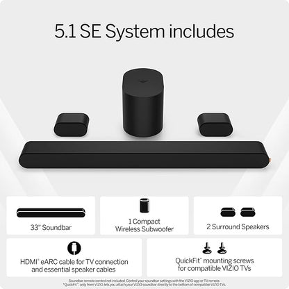 VIZIO 5.1 Soundbar SE, Wireless Subwoofer, Surround Sound w/Dolby Atmos & DTS:X, Bluetooth Speaker, QuickFit™ Compatible – SV510X-08 (New, 2024 Model)