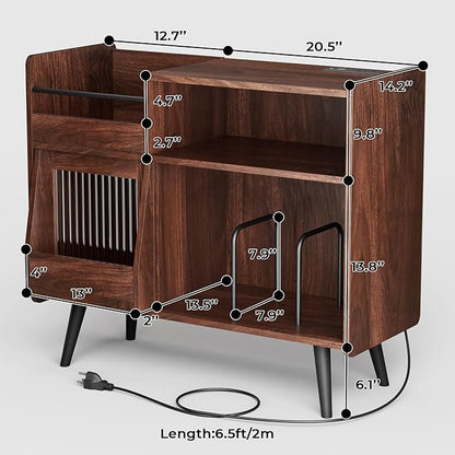 Large Record Player Stand with Sliding Door,350 Vinyl Record Storage Cabinet, Record Player Table with Power Outlet and LED Light,Turntable Stand with Wood Legs for Living Room,Office