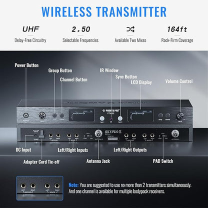 Phenyx Pro UHF Mono Dual Wireless in-Ear Monitor System, Metal Wireless IEM System, Sturdy Bodypack Receiver, 2x50 Frequencies, Separate Outputs,164ft Operation, Suitable for Band and Studio (PTM-22)