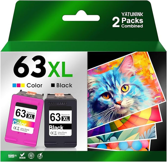 YATUNINK 63XL Ink Cartridge Combo Pack Compatible for HP Ink 63 XL Works with HP DeskJet 1112 2100 3600 Series, Envy 4500 Series, OfficeJet 3800 4600 5200 Series (Black, Tri-Color)