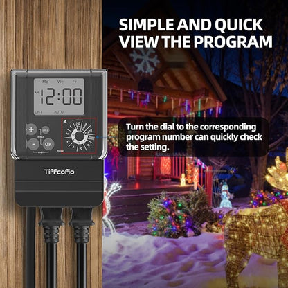 TiFFCOFiO New Digital Outdoor Timer Waterproof, Dial Programmable Method, Outdoor Light Timer with 2FT Extension Cord, 2 Grounded Electrical Outlets for Lights, 6 Sets of Programs, 20A/2500W