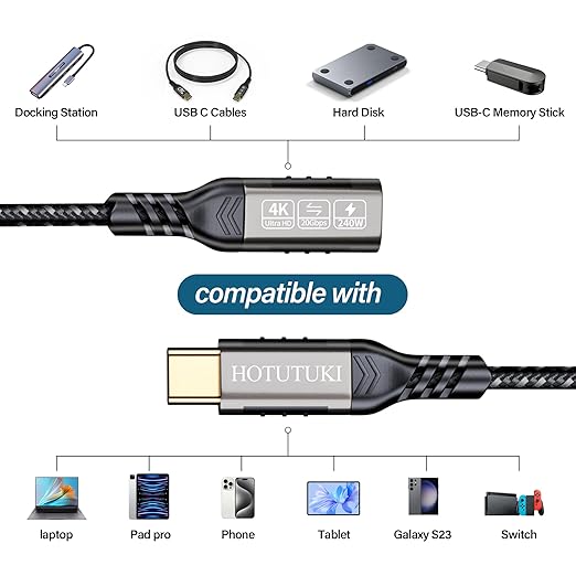 short type c extension cable 1.65ft/0.5M,240W PD Fast Charging 20 Gbps usb c 3.2 gen 2 extension cable,c cable male to female, Compatible with laptop, docking station, charger extension cable