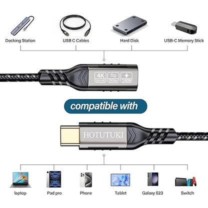 short type c extension cable 1.65ft/0.5M,240W PD Fast Charging 20 Gbps usb c 3.2 gen 2 extension cable,c cable male to female, Compatible with laptop, docking station, charger extension cable