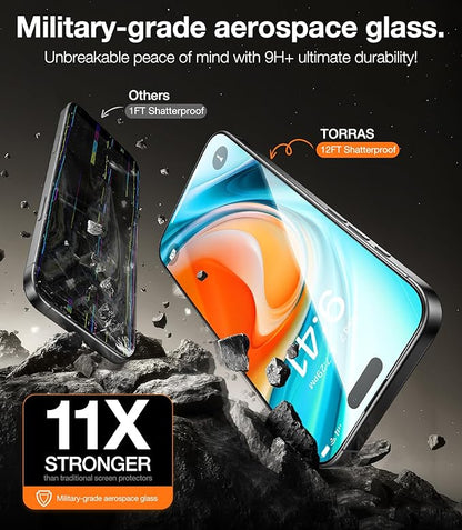 TORRAS Military-Grade Shatterproof for iPhone 16 Pro Screen Protector [9H+ Aerospace Tempered Glass＆ One-Step Installation] Full Coverage Fit Bubble Free Top-Notch Protection, 2 Pack, GlassGo X