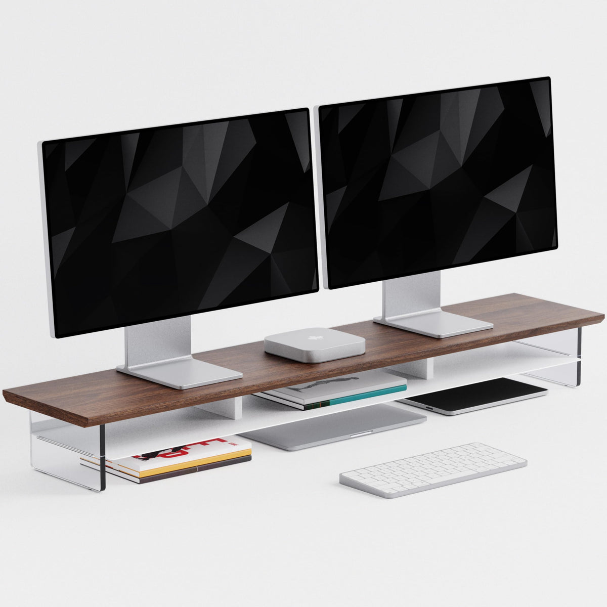FENSULN Dual‑Tier Monitor Stand for Modern Desk Setup – Minimalist Wooden and Metal Riser Shelf with Transparent Acrylic Feet for Dual Monitors, Laptops, Home Office Aesthetic，Beige and White