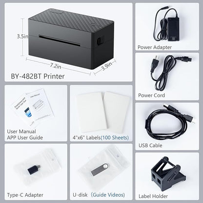 Label Printer, Bluetooth Shipping Label Printer with Black Label Holder, 4x6 Thermal Printer for Shipping Packages, Compatible with Android, iOS, Windows, Mac, Chromebook, Amazon, Ebay, UPS