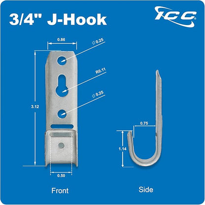 ICC 3/4-Inch Wall Mount J-Hook – 25-Pack, Cable Support Hooks Without Retainer Clips, Galvanized Steel with Zinc Finish – for Structured Cabling and Cable Management