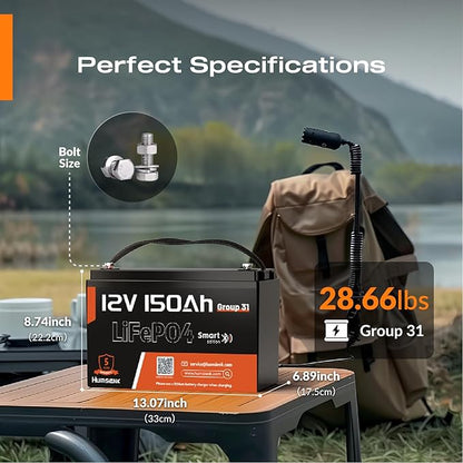 12V 150Ah LiFePO4 Lithium Battery BCI Group31 Bluetooth- Built-in 110A BMS, Deep Cycle Battery for Solar, RV, Marine, Off-Grid Applications - 15000+ Life Cycles, Safe & Lightweight