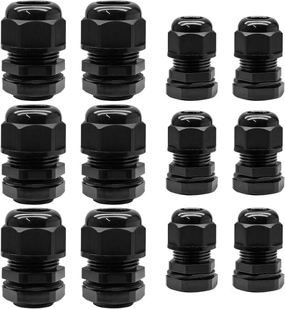 12 Pcs Nylon Cable Glands, Black Strain Relief Cable Cord Connector IP68 Waterproof Junction Box Wire Protectors Adjustable (6 Pcs 3/4" NPT + 6 Pcs 1/2" NPT)