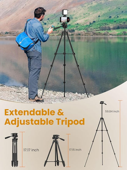 Upgraded Vlogging Kit w/Wireless Lavalier Microphone,YouTube Kit for iPhone and Smartphone w/59” Retractable Tripod,Automatic Switch Phone Clamp,Content Creator Gear for TikTok(Vlog K5)