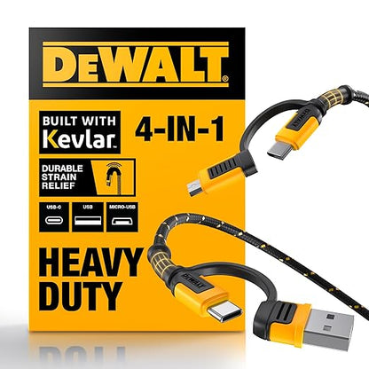 DEWALT Heavy Duty 4-in-1 Cable, Type C/Micro USB/USB Cable for iPhone 16, iPhone 15, iPad Charger USB C, Huawei, HTC, LG, Samsung Galaxy, Android Smartphones, iPad Pro, Micro C Charging (6ft, Black)
