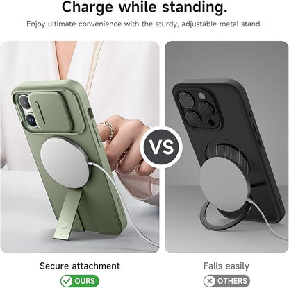 SURITCH for iPhone 14 Pro Max Case with Magnetic Camera Slide Cover and Adjustable Kickstand, Compatible with MagSafe, Shockproof Bumper Case Slim Protective Cover 6.7 Inch, Green