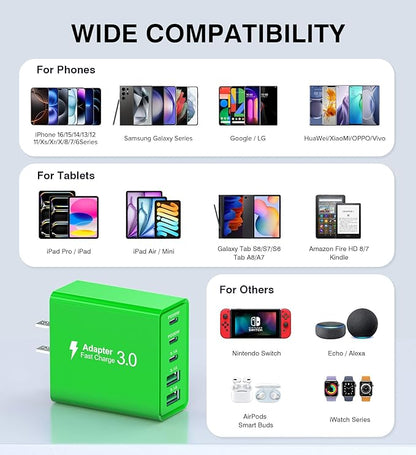2 Pack 50W USB C Fast Charger Block,5-Port Type C Wall Charger Brick,2 USB A & 3 USB C PD3.0 Power Adapter Multiport Charging Plug Box for iPhone 12/13/14/15/16,Pad Mini/Pro, Cellphones(Green)