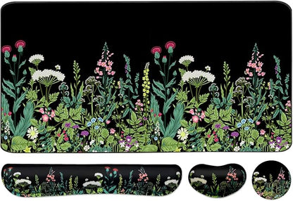 Keyboard Mouse Pad Set, Extended Mouse Pad+Keyboard Wrist Rest Support, Memory Foam Ergonomic Easy Typing, 3Pcs (35.4×15.7 in) Desk Pad Set for Home Office Study Game - Weeds