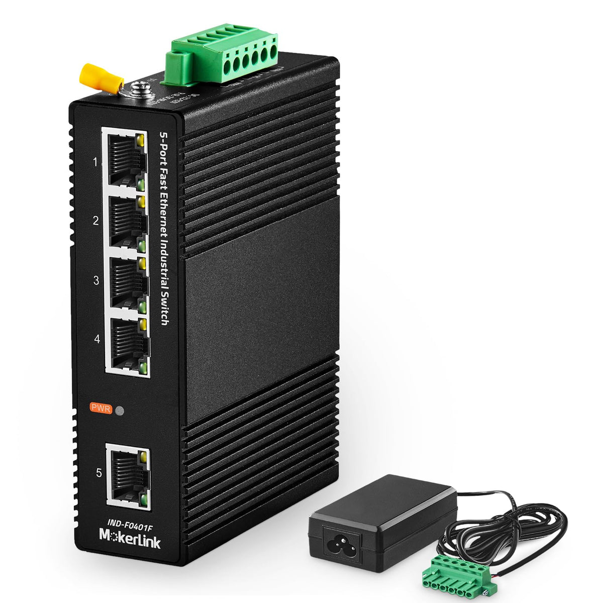 MokerLink 5 Port Industrial DIN-Rail Network Switch, 10/100Mbps Fast Ethernet, IP40 Rated Network Switch (-40 to 185°F), with UL Power Supply