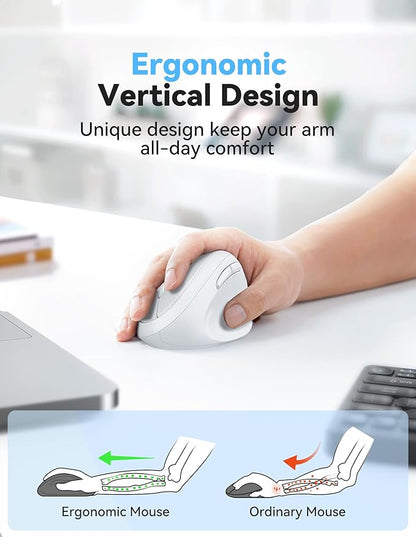 TECKNET Wireless Mouse, 5 Adjustable DPI Levels, 6 Buttons, 4800 DPI Wireless Vertical Mouse, 2.4G Silent Wireless Mouse for Laptop, PC, Chromebook, Mac - Light White