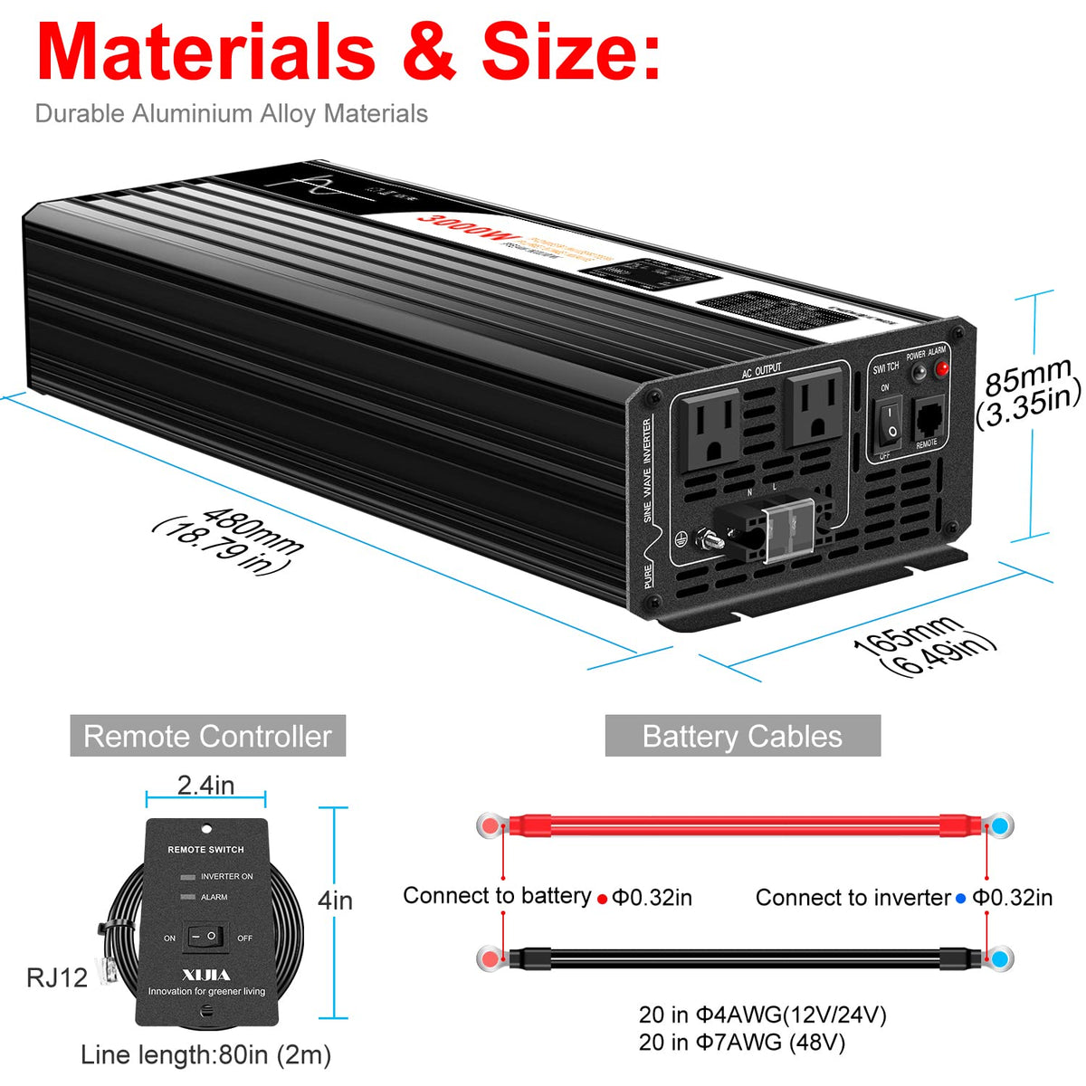 Xijia 3000W Pure Sine Wave Inverter 12V DC to 120V AC Converter for Home, RV, Truck, Off-Grid Solar Power 110V with Smart Bluetooth App Remote Control