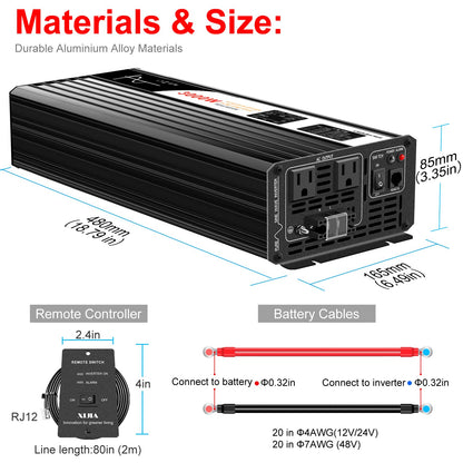 Xijia 3000W Pure Sine Wave Inverter 12V DC to 120V AC Converter for Home, RV, Truck, Off-Grid Solar Power 110V with Smart Bluetooth App Remote Control