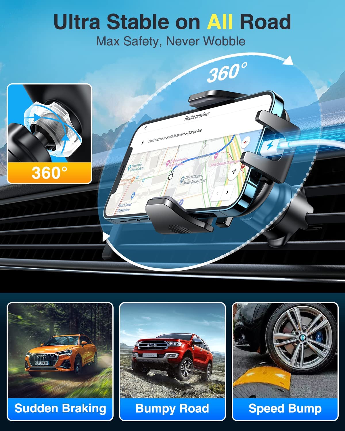 [True Military-Grade] Car Phone Holder VANMASS [Upgraded Strongest Suction&Clip] Cell Phone Mount for Dashboard Windshield Vent Kit, Truck Cradle Stand for iPhone 17 Pro Max 16 15 14 Android,Ink Black