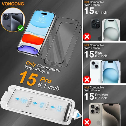 iPhone 15 Pro Screen Protector,Durable and Drop-Proof with 9H Hardness,Bubble-and-Dust-Free 15 Pro HD High-Aluminum Tempered Glass,Easy Installation Exclusively,2 Pack