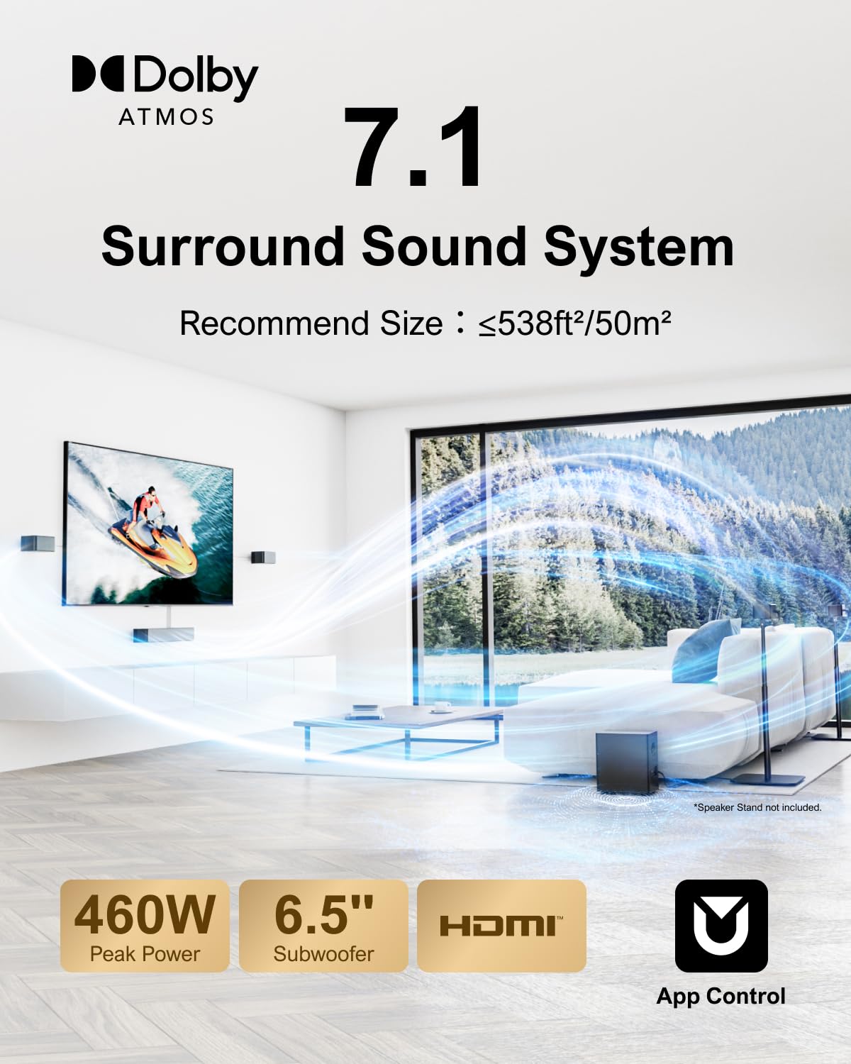 ULTIMEA 7.1CH Surround Sound System for TV, Soundbar with Dolby Atmos, 6.5" Wireless Subwoofer, APP Control, 4 Wired Surround Speakers, Peak Power 460W Soundbar for TV, Poseidon D80 (New 2026 Model)