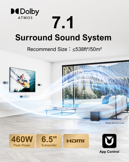 ULTIMEA 7.1CH Surround Sound System for TV, Soundbar with Dolby Atmos, 6.5" Wireless Subwoofer, APP Control, 4 Wired Surround Speakers, Peak Power 460W Soundbar for TV, Poseidon D80 (New 2026 Model)