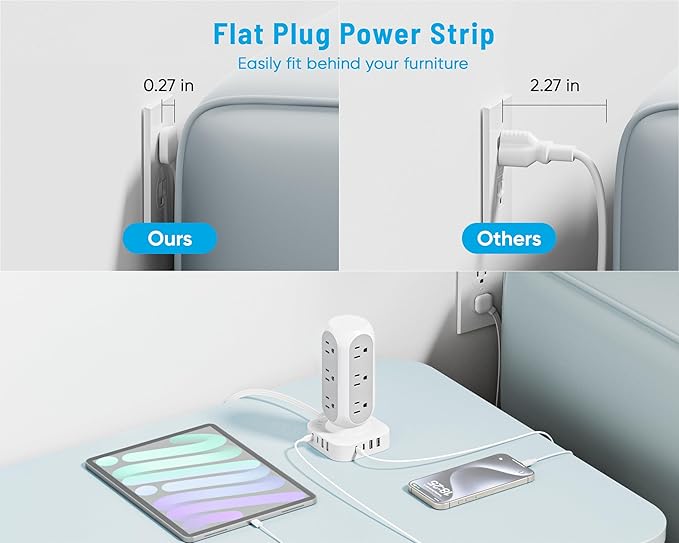 Tower Power Strip with Surge Protection, Flat Plug Outlet Extender with 12 AC Outlets & 8 USB Ports, 5 FT Extension Cord with Multiple Outlets, 24W Total Charging Station for Home Office Dorm Room