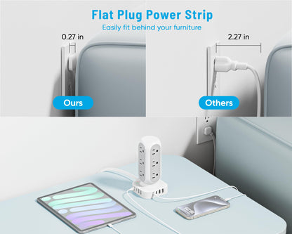 Flat Plug Power Strip Tower, TenTrend 65W Max Charging Tower with 12 AC Outlets & 8 USB Ports (4 USB C), 82W Total Fast Charging Station, 10FT Extension Cord for Desk Office Dorm Room