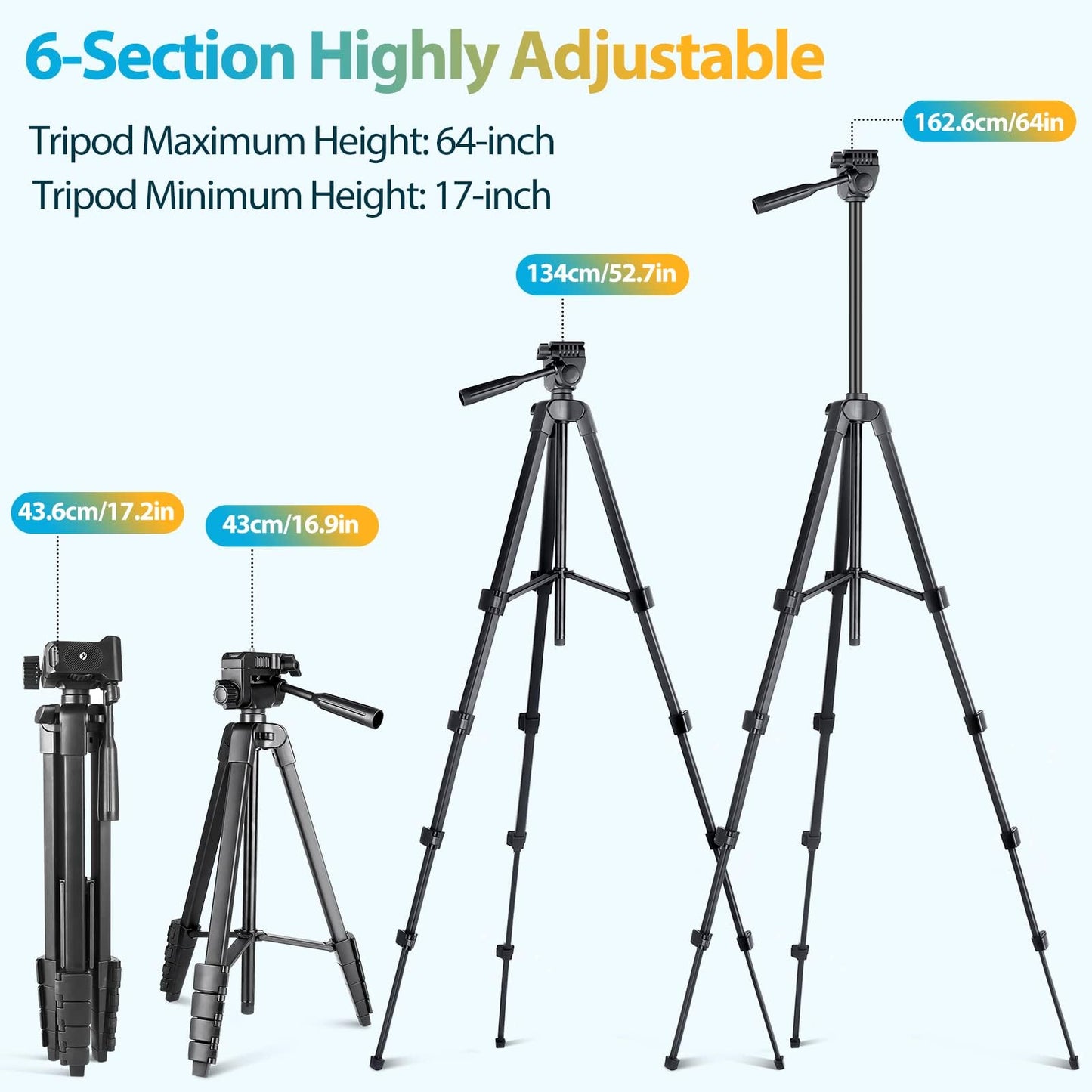 Aureday Phone Tripod Stand, 64” Extendable Cell Phone&Camera Tripod with Wireless Remote and Phone Holder, Aluminum iPad Tripod for Video Recording/Selfies/Live Stream/Vlogging