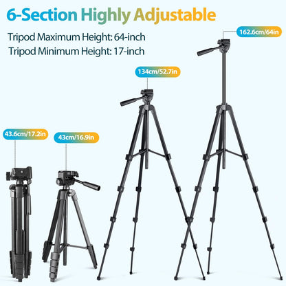 Aureday Phone Tripod Stand, 64” Extendable Cell Phone&Camera Tripod with Wireless Remote and Phone Holder, Aluminum iPad Tripod for Video Recording/Selfies/Live Stream/Vlogging