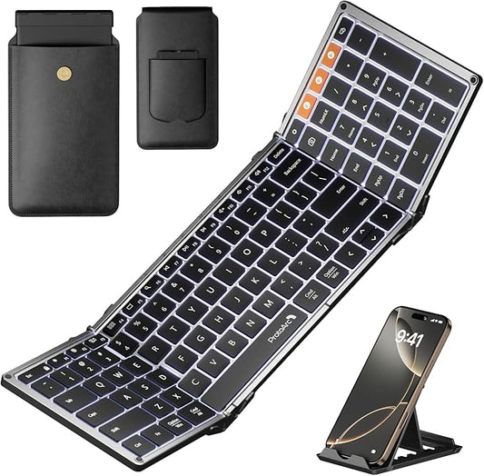 ProtoArc Backlit Foldable Keyboard, XK01 Plus Folding Portable Bluetooth Keyboard for Travel, True Full Size External Wireless Keyboards with Backlight for iPad Tablet Smartphone Laptop - Gray