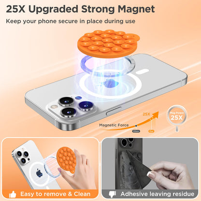 HSAOHD Magnetic Suction Cup Phone Mount with MagSafe, Silicone Hands-Free Grip Holder for iPhone Case and Android, Mirror Shower Phone Stand for Makeup FaceTime Gym Kitchen Bathroom, Orange