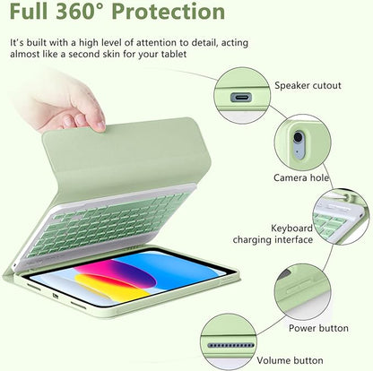 MMK iPad A16 Case (2025, 11"), iPad 10th Generation Case with Keyboard (2022, 10.9"), Wireless Detachable Keyboard, Pencil Holder (Green)