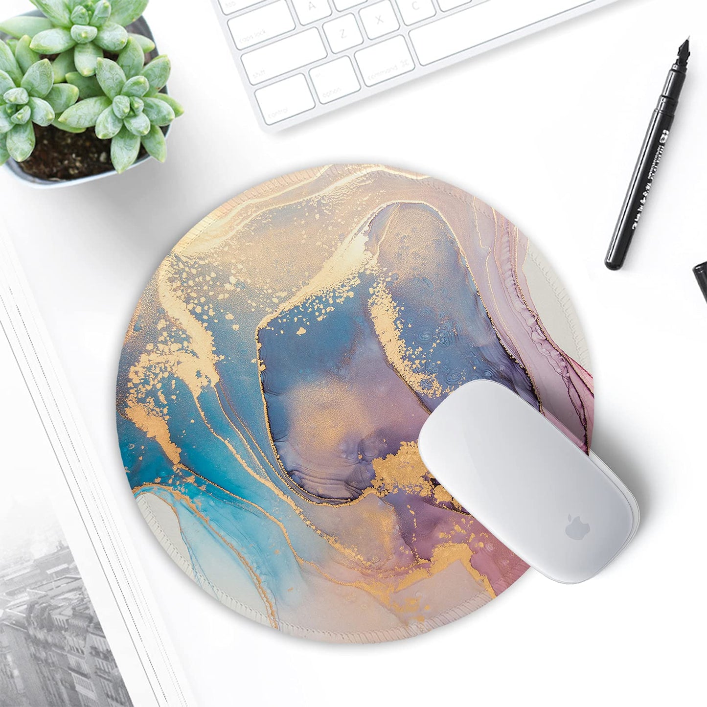 ITNRSIIET Round Mouse Pad with Stitched Edge Premium-Textured Waterproof Non-Slip Rubber Base Desktop Protection Mat Diameter 8.7 inches, Abstract Marble Texture