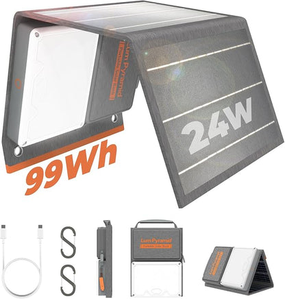 Lumopal Portable Solar Charger 99.9 Wh Battery Bank Equipped with 24W Foldable Solar Panels and 600 Lumen Adjustable LED Camping Light, 65W PD USB-C, 22W QC3.0 USB A Output for Outdoor