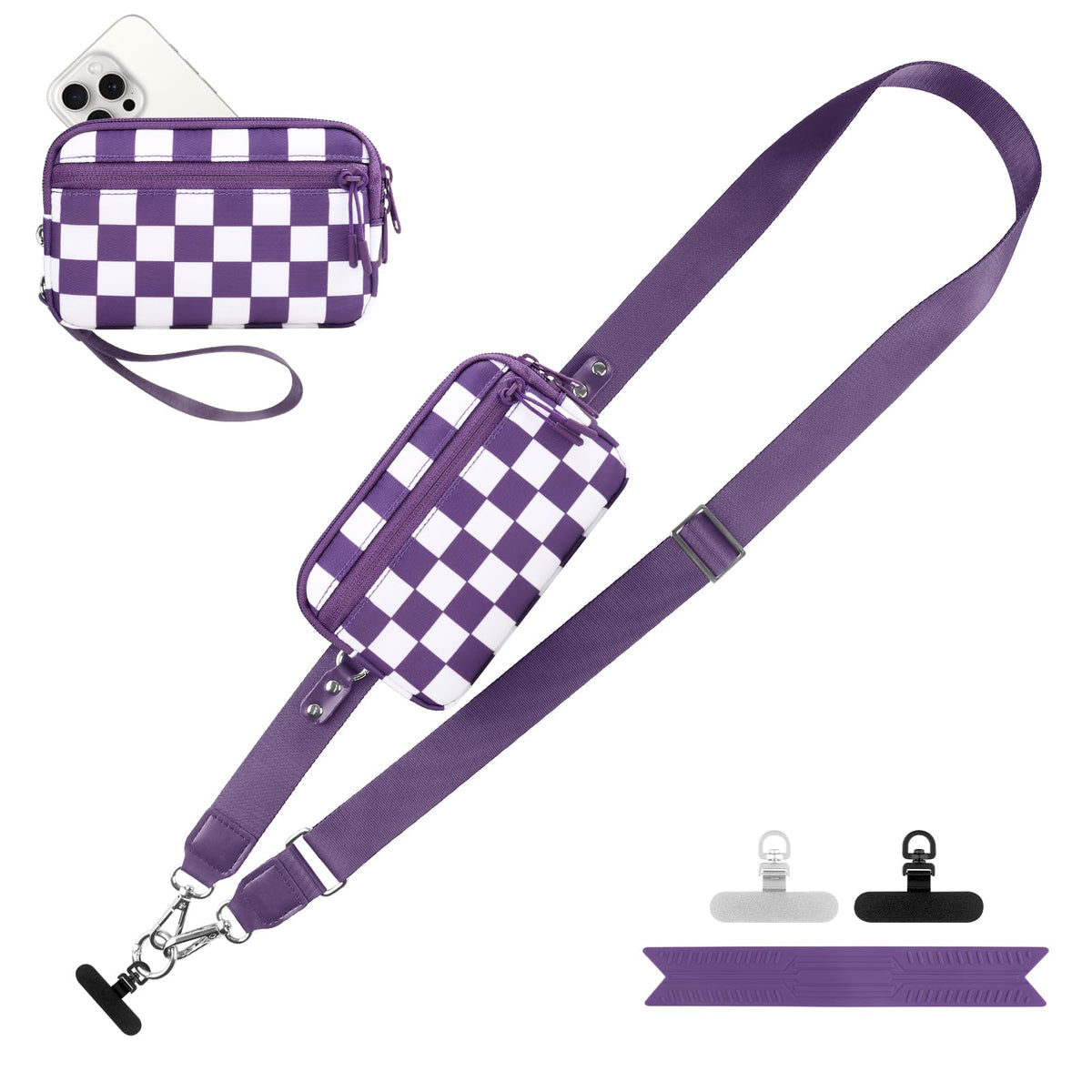 YFWE Clip and Go Strap for Phone with Wallet Crossbody, Adjustable Phone Lanyard with Detachable RFID Wristlet Wallet, Phone Strap with Phone Tabs for All Phones, Black Checkered (M)