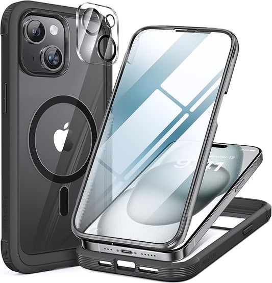 Miracase Glass Series for iPhone 15 Case [Compatible with MagSafe] Full-Body Magnetic Bumper Case with Built-in 9H Tempered Glass Anti-Fingerprint Screen Protector + Camera Lens Protector, Black