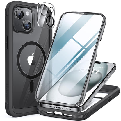 Miracase Glass Series for iPhone 15 Case [Compatible with MagSafe] Full-Body Magnetic Case with Built-in 9H Tempered Glass Anti-Fingerprint Screen Protector + Camera Lens Protector, Pink and Clear
