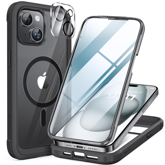 Miracase Glass Series for iPhone 15 Case [Compatible with MagSafe] Full-Body Magnetic Case with Built-in 9H Tempered Glass Anti-Fingerprint Screen Protector + Camera Lens Protector, Pink and Clear