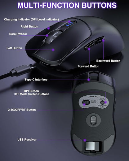 AULA SC580 Wireless Gaming Mouse, Tri-Mode 2.4G/BT5.0/USB-C Gaming Mouse, 12000 DPI Rechargeable Wireless Mouse with 6 Programmable Buttons, Ergonomic Computer Mouse for Laptop/PC/Mac/Tablet