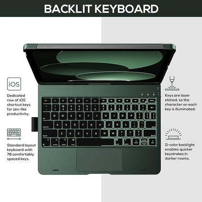 typecase Touch iPad 10th Generation Case with Keyboard (10.9", 2022) and iPad A16 (11th Gen, 2025) – 360° Rotatable, 11-Color Backlit, Multi-Touch Trackpad, Thin & Light (Midnight Green)