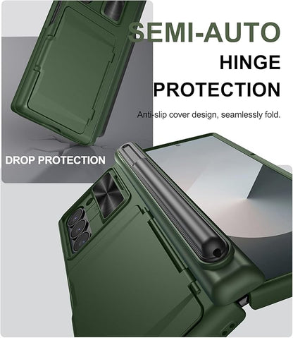 for Samsung Galaxy Z Fold 6 Case with Card Holder & Hinge Protection & Slide Lens Cover, Built-in S Pen Holder & Screen Protector, Heavy Duty Rugged Wallet Phone Case for Z Fold 6 2024, Green