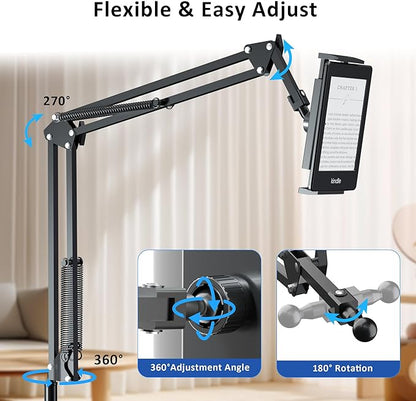 Floor Stand for Kindle Reading in Bed with Remote Page Turner, Hands Free Tablet Arm Holder for Kindle Accessory, Compatible with iPhone Paperwhite eReader Tablet 4.5-12.9 inch (kt-sd2)
