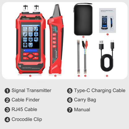 FIXCHIGO 10 in 1 Network Cable Tester with 7 Wavelengths OPM 10Km/10mW VFL 600M Measurable Length 100 Records Tool Kit for CAT5 CAT6 Telephone Ethernet RJ11 RJ45 PoE Wire Tracer NCV, Red