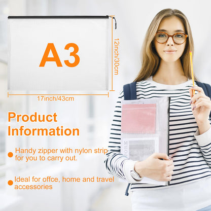 20pcs Mesh Zipper Pouch Bags A4 Mesh Bags for Classroom Organization, Waterproof Document Zipper Pouches for Cosmetics, Travel Storage File Bags for Office Supplie (Black-A3-20PCS)