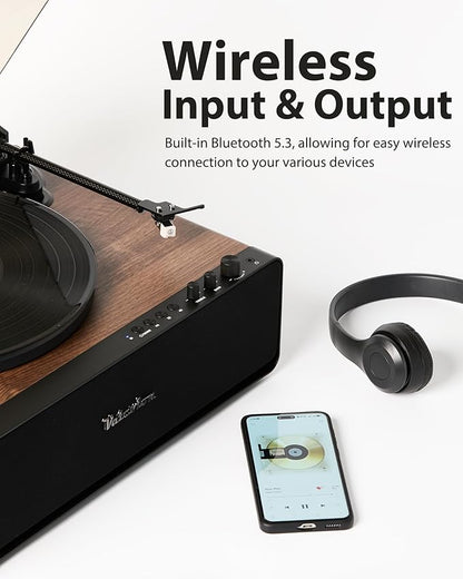 Vinyl Record Player, High Fidelity Belt Drive Turntable for Vinyl Records 33/45 RPM with MM Cartridge AT-3600L, Phono Preamp, Bluetooth Record Player with LED Light, Auto Off (Walunt Wood)